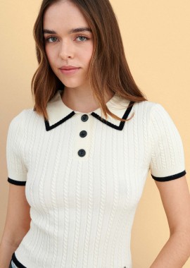 Μπλούζα πλεκτή κοντομάνικη με γιακά - 5206179087735