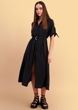 Φόρεμα μίντι με ζώνη και δέσιμο στα μανίκια - 5206179132145