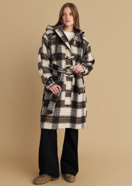 Καρό παλτό με κουκούλα και ζώνη - 5206634997869