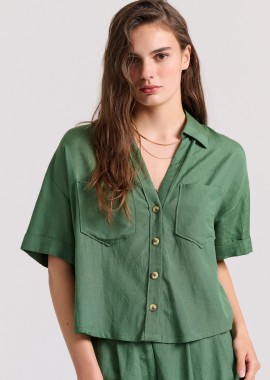 Loose fit linen blend πουκάμισο με τσέπες στο στήθος