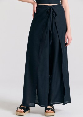 Linen blend wide leg παντελόνα με ελαστική μέση
