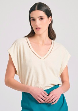 Γυναικείο linen blend μονόχρωμο t-shirt