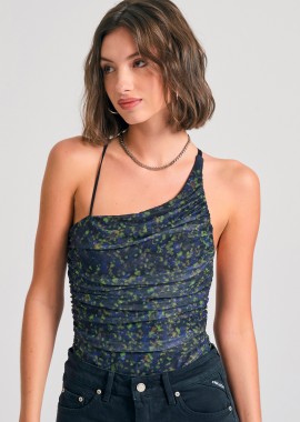 Εμπριμέ off shoulder κορμάκι με τούλι