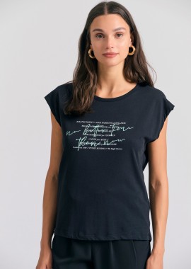 Γυναικείο t-shirt με τύπωμα text artwork και ανοιχτή πλάτη