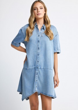 Γυναικείο relaxed denim φόρεμα με ασύμμετρο τελειώμα