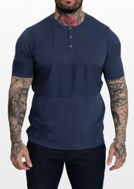 +39MASQ - +39MASQ Ανδρικό Μπλε Buttoned Crew Neck T-Shirt/Blue