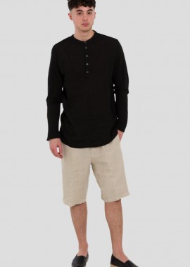 120% LINO Ανδρικό Μαύρο Serafino Regular Fit Linen Shirt