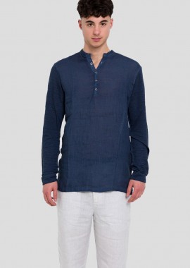 120% LINO - 120% LINO Ανδρικό Μπλε Serafino Regular Fit Linen Shirt