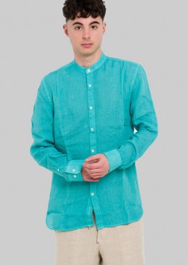 120% LINO - 120% LINO Ανδρικό Μπλε Long-Sleeves Linen Shirt