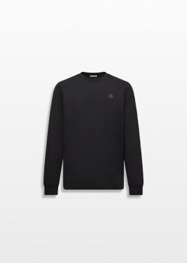 MONCLER Ανδρικό Μαύρο Leather Logo Long Sleeve Cotton T-Shirt
