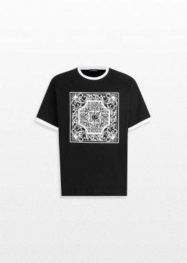 DOLCE&GABBANA Ανδρικό Μαύρο Cotton T-Shirt with Print and Embroidery