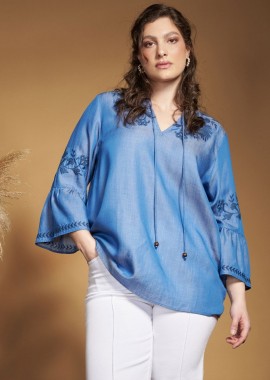 Μπλούζα tencel όψη τζιν με κεντητή μπορντούρα