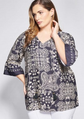 Boho Εμπριμέ Μπλούζα με Λαχούρια