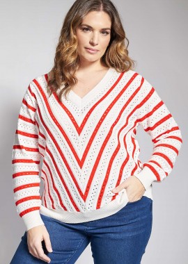 Πλεκτή μπλούζα ριγέ σε V διάταξη