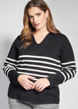 Πλεκτή ριγέ μπλούζα με polo γιακά