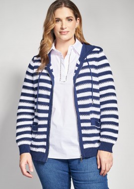 Πλεκτή ριγέ ζακέτα με κουκούλα
