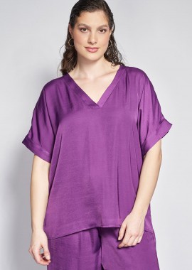 Σατινέ Κοντομάνικη Μπλούζα με V