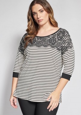 Ζέρσεϊ ριγέ μπλούζα με δαντέλα