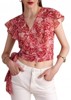 Top Attrattivo Cropped Φλοράλ Με Ζώνη 91155237-RED Γυναικείο