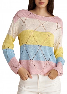 Μπλούζα Μακρυμάνικη Attrattivo Πλεκτή Ριγέ Με Στρας 9P23398-MULTICOLOR Γυναικείο