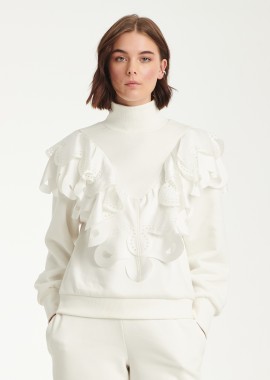 Sweatshirt With Ruffle Trimming In White
