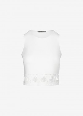 Cropped Tank Top With Laser-Cut Print Around Hem in White