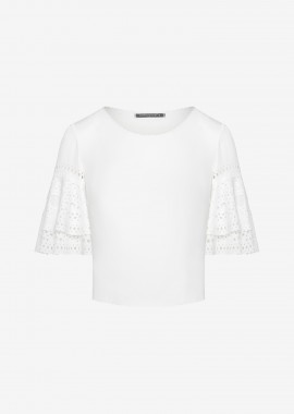 Cropped T-Shirt with Ruffled Sleeves in White