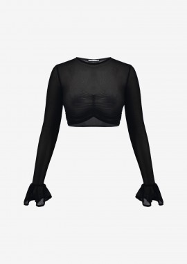 Mesh Cropped Long-Sleeved Top in Black