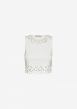 Cropped Tank Top with Laser-Cut Print around Hem in White