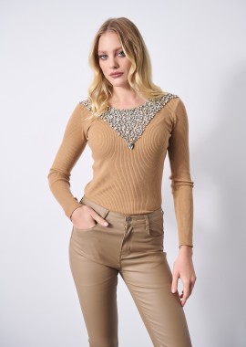 Μπλουζά Rib Με Στρας & V Λαιμόκοψη