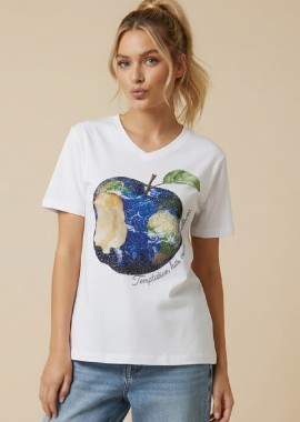 T-Shirt Με V Λαιμόκοψη Με Στρας Και Τύπωμα DEJAVU