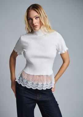 Μπλούζα Πλεκτή Με Δαντέλα Στο Τελείωμα & Μανίκι