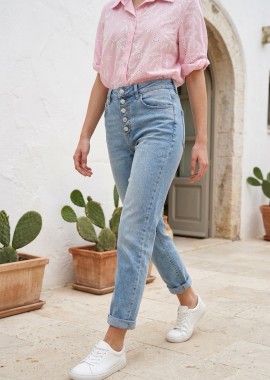 Τζιν Παντελόνι Mom Fit Με Διακοσμητικά Κουμπιά