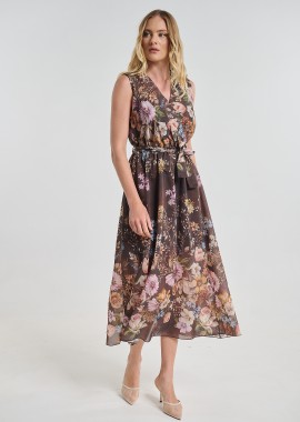 Φόρεμα Floral Αμάνικο Maxi Με Ζώνη