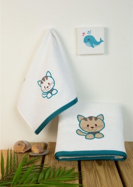 ΠΕΤΣΕΤΑ Με Κέντημα Σετ 2 τεμ bebe Kitty 137 30X50,70X140 Λευκό 100% Cotton