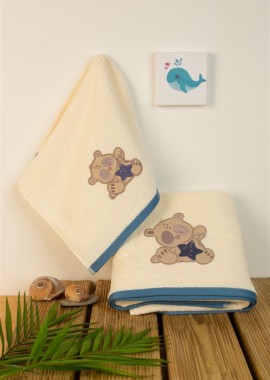 ΠΕΤΣΕΤΑ Με Κέντημα Σετ 2 τεμ bebe Star Bear 153 30X50,70X140 Εκρού 100% Cotton