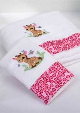 Πετσέτα Με Κέντημα Σετ 2 τεμ bebe Giraffe 172 30X50,70X140 White-Pink 100% Cotton