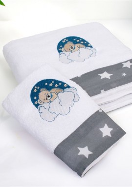 Πετσέτα Με Κέντημα Σετ 2 τεμ bebe Cloudy Bear 176 30X50,70X140 White-Grey 100% Cotton