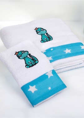 Πετσέτα Με Κέντημα Σετ 2 τεμ bebe Dinosaur 180 30X50,70X140 White-Sky Blue 100% Cotton