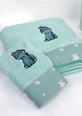 Πετσέτα Με Κέντημα Σετ 2 τεμ bebe Dinosaur 182 30X50,70X140 Mint 100% Cotton