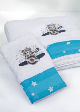 Πετσέτα Με Κέντημα Σετ 2 τεμ bebe Aviator 184 30X50,70X140 White-Sky Blue 100% Cotton