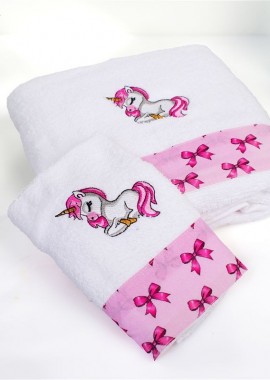Πετσέτα Με Κέντημα Σετ 2 τεμ bebe Unicorn 188 30X50,70X140 White-Pink 100% Cotton