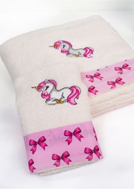 Πετσέτα Με Κέντημα Σετ 2 τεμ bebe Unicorn 189 30X50,70X140 Ecru-Pink 100% Cotton