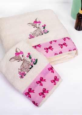 Πετσέτα Με Κέντημα Σετ 2 τεμ bebe Deer 198 30X50,70X140 Ecru-Pink 100% Cotton