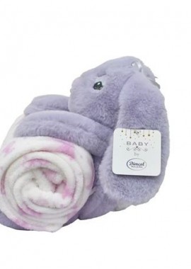 Dimcol - Λούτρινο Ζωάκι Σετ 2 Τεμ. bebe Rabbit 17 Ύψος 30 cm + Εμπριμέ Κουβέρτα Coral Fleece 75x90 cm Lilac 100% Polyester