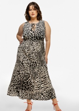 Εμπριμέ αμάνικο φόρεμα με βολάν σε λευκό/μαύρο χρώμα