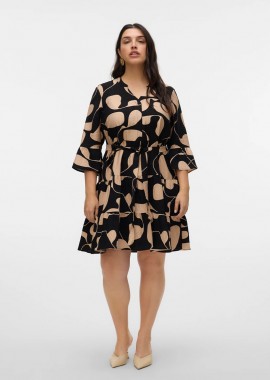 Φόρεμα με βολάν εμπριμέ σε μαύρο/μπεζ χρώμα plus size