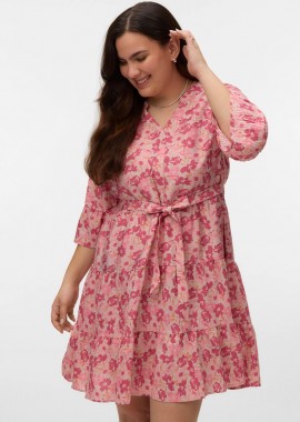 Φόρεμα με βολάν εμπριμέ σε εκρού/ροζ χρώμα plus size