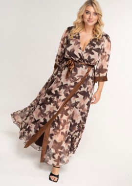 Maxi lurex κρουαζέ φόρεμα floral μπεζ/καφέ χρώμα plus size