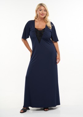 Maxi φόρεμα με χάντρες στο μπούστο σε μπλε σκούρο χρώμα